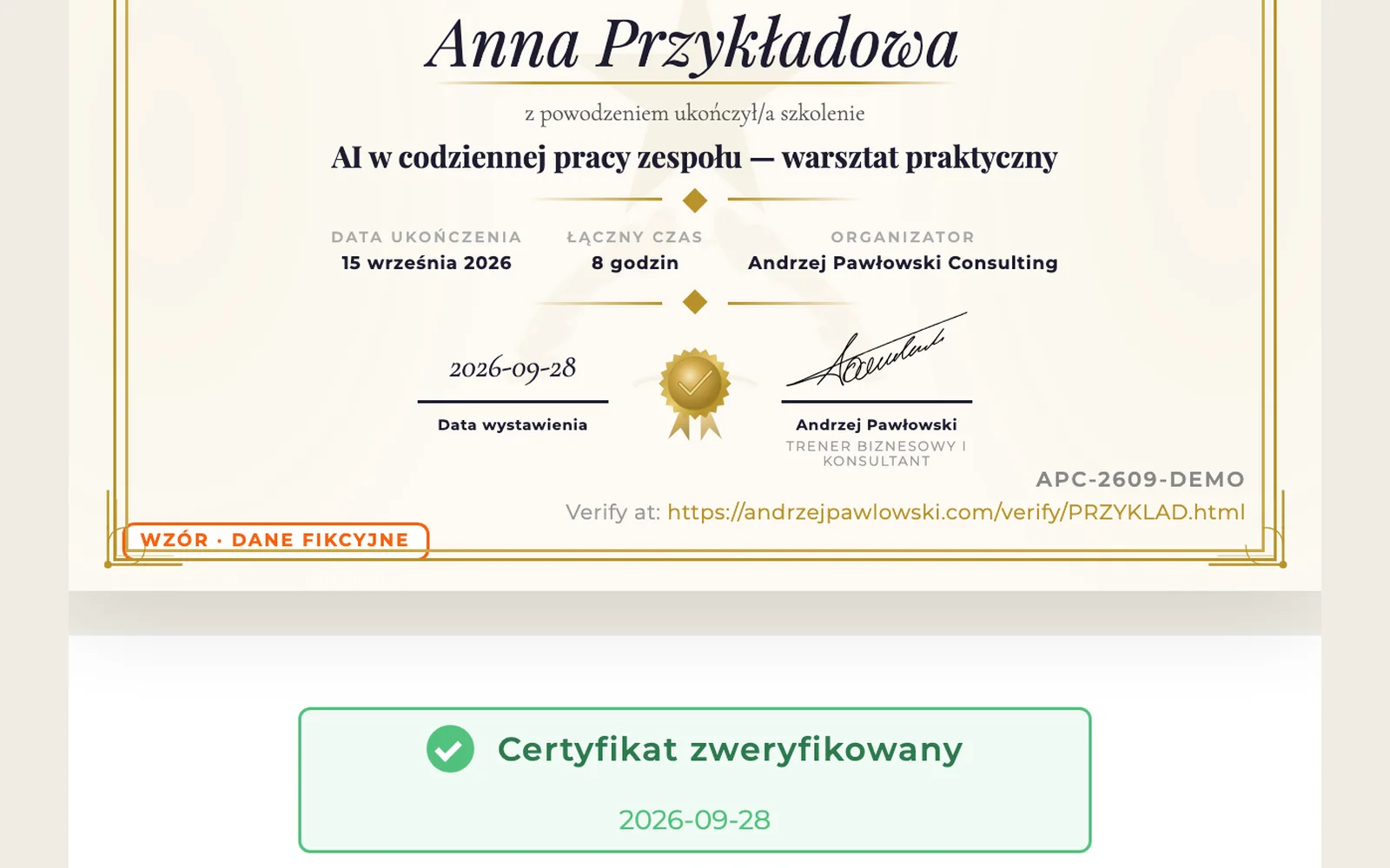 Fragment przykładowego certyfikatu z numerem i adresem weryfikacji oraz komunikatem Certyfikat zweryfikowany (dane fikcyjne)